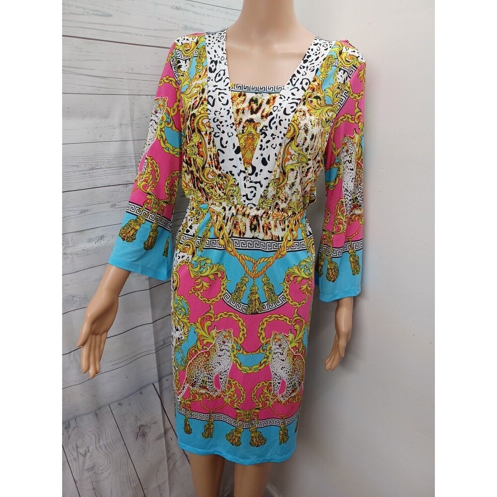 White Mark Couture Ladies Ornate Pink Multicolor Cheetahs Dress Stretch Sz L